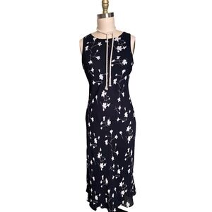 Vintage Donna Ricco Midi Dress Women 8P Black Excellent Floral Sleeveless Rayon